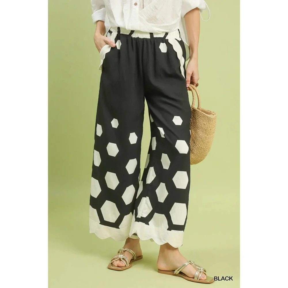 C5807-P B Umgee Hexagon Print Wide Leg Pants Various Sizes